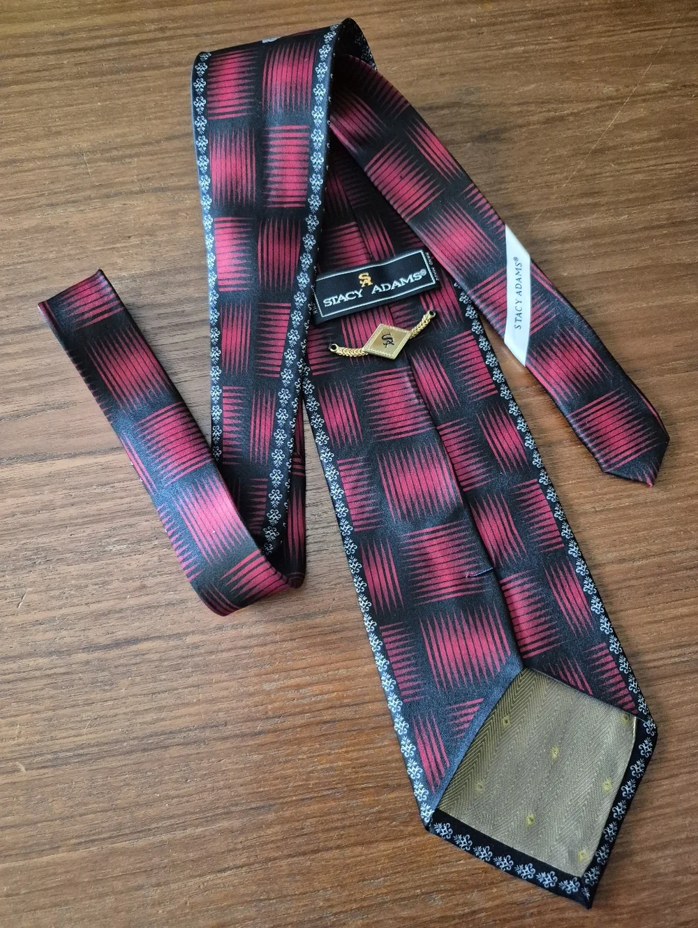 Stacy Adams Black and Red Print Silk Necktie with Silver